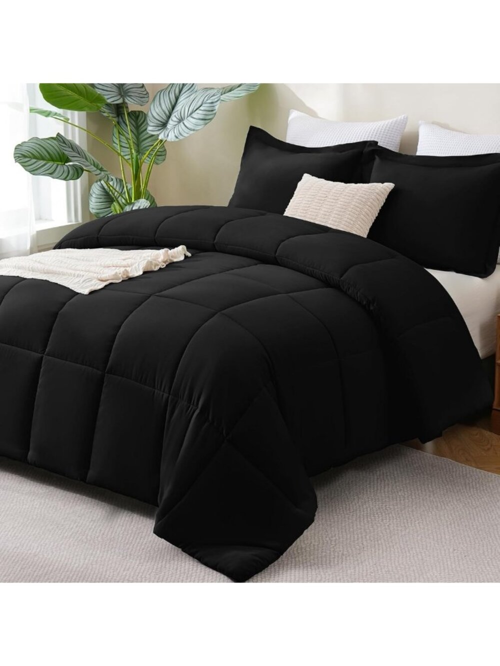 Luxurious Black Queen Comforter Set - 3-Piece Box-Stitched Bedding Ensemble